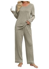 Womens Pajama Set 2 Piece Long Sleeve Ribbed Lounge Sleepwear Large Khaki