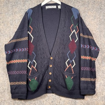 Vintage Bugle Boy Co Cardigan Sweater Mens Size M 23x30 Pattern Argyle Blue