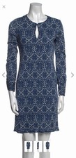 Blue White Geometric Sheath Dress Keyhole Long Sleeve Knee Length Women