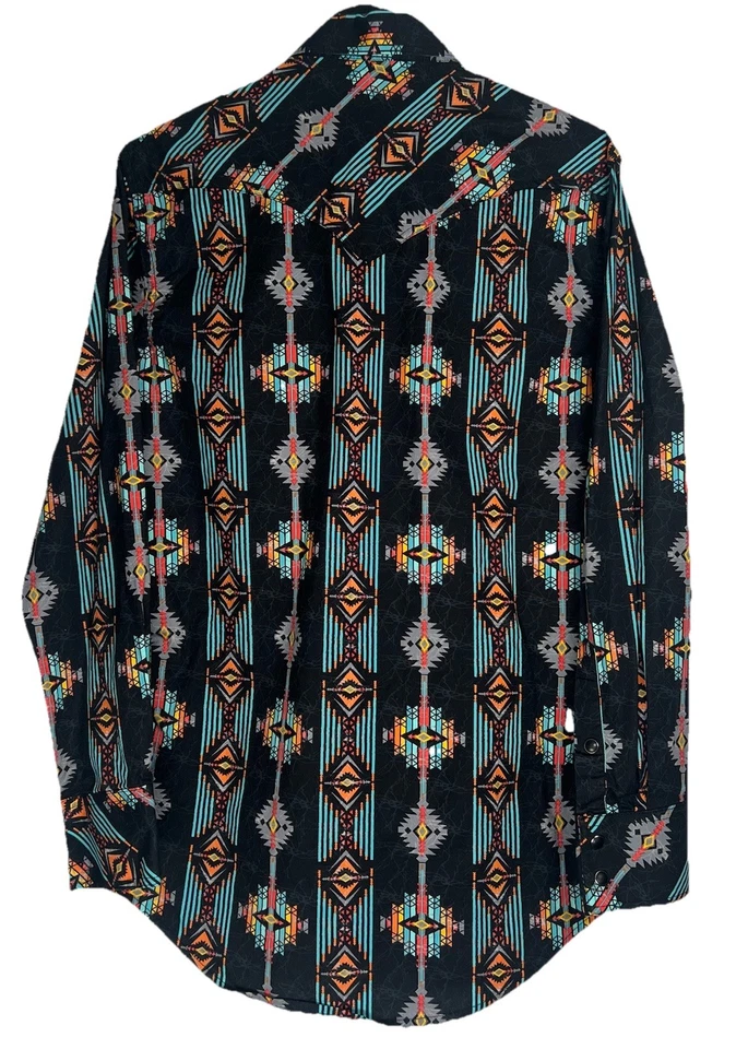 Rock & Roll Denim Men's Black Snap Shirt S Black Colorful Aztec Cowboy Western - Image 3 of 4