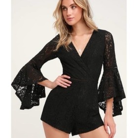 Lulus Black Lace Romper SMALL Ruffled Bell Sleeve Cutout Back Romantic Whimsgoth