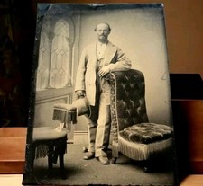 1800s Civil War Era Stately Gentleman Hat Fringe Chairs Photo TinType Antique
