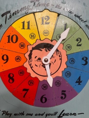 VINTAGE 1960'S WOOD PUZZLE TIMMY TIME CLOCK BRIGHTLY COLORED LEARN