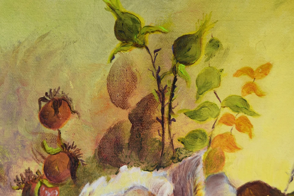 27 1/2" pintura a óleo sobre tela assinada por D. Allen natureza morta rosas amarelas brancas - Imagem 4 de 4