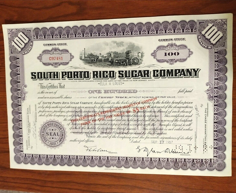 Bono Acciones SOUTH PUERTO RICO SUGAR Stock Share GUANICA Ficha Token Porto PuT1