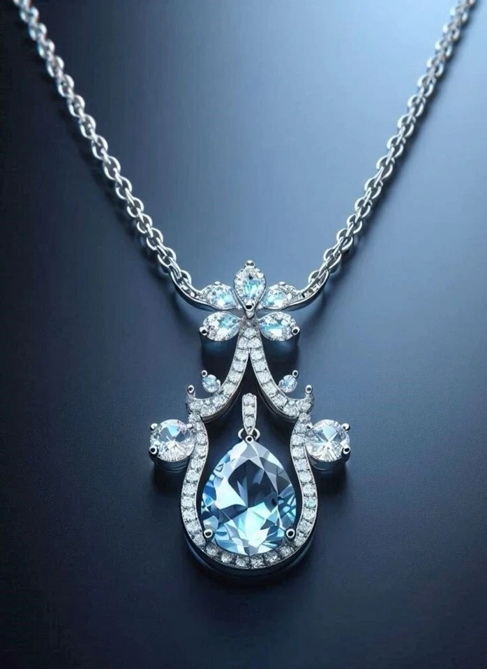 2CT Pear Cut Lab-Created Aqua Diamond Women Chain Necklace 14K White Gold Plated - Image 2 of 4