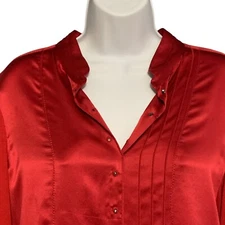 Carlisle Per Se Silk Button Up Shirt Blouse Sz 10 Red Pleated Retro Glam Stretch