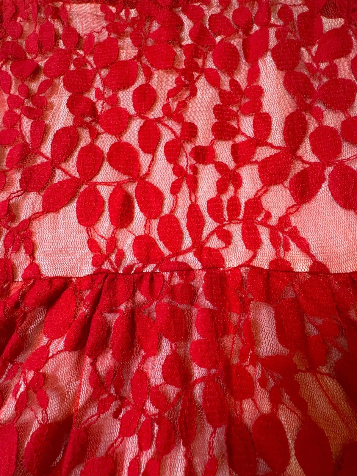VALENTINO Free People Mini Abito in Pizzo Rosso a Rete Floreale Orlo Smerlato Trasparente Manica 3 4 Tg 6
