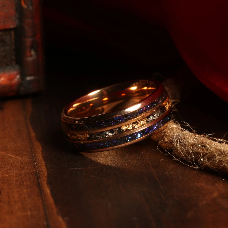 Aliança de casamento masculina de tungstênio folha de ouro rosa opala azul meteorito - Imagem 2 de 4