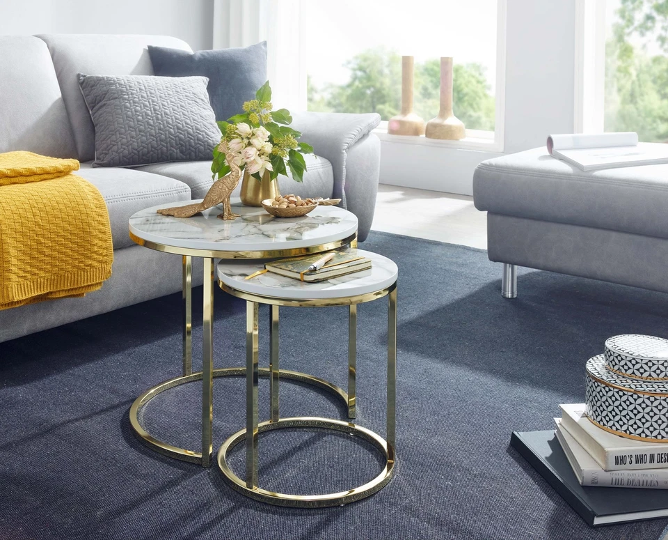 FineBuy Beistelltisch 2er Set Couchtisch Marmor Optik Weiß Wohnzimmertisch Rund - Bild 2 von 4