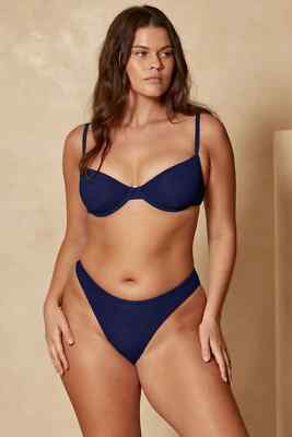 Monday Swimwear Byron Mid Rise Cheeky Bikini Bottom Midnight Crinkle Size L NWT