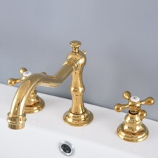 Basin Faucet Widespread Gold Brass 2 Handle Bathroom 3 Hole Mixer Tap Deck Mount