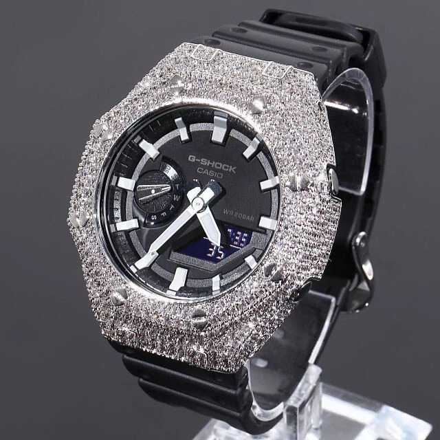 G-SHOCK Custom GA2100 Black Custom White Gold Casioak CZ Diamond