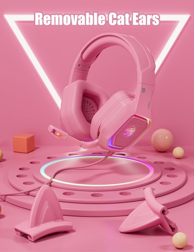 Pink Gaming Headset with Detachable Cat Ears, Compatible with PS4 PS5 Xbox On... - Picture 5 of 8