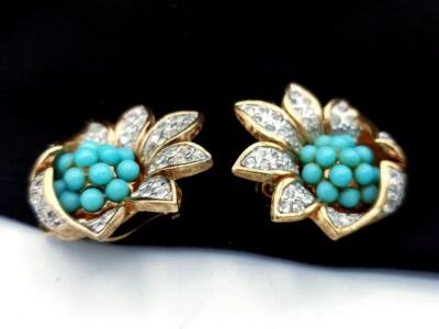 Vintage JOMAZ Joseph Mazer Faux Tuquoise & Rhinestone Flower
