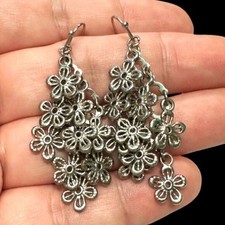 Silver-Toned Floral Dangle Earrings With Intricate Design Detailing For Women