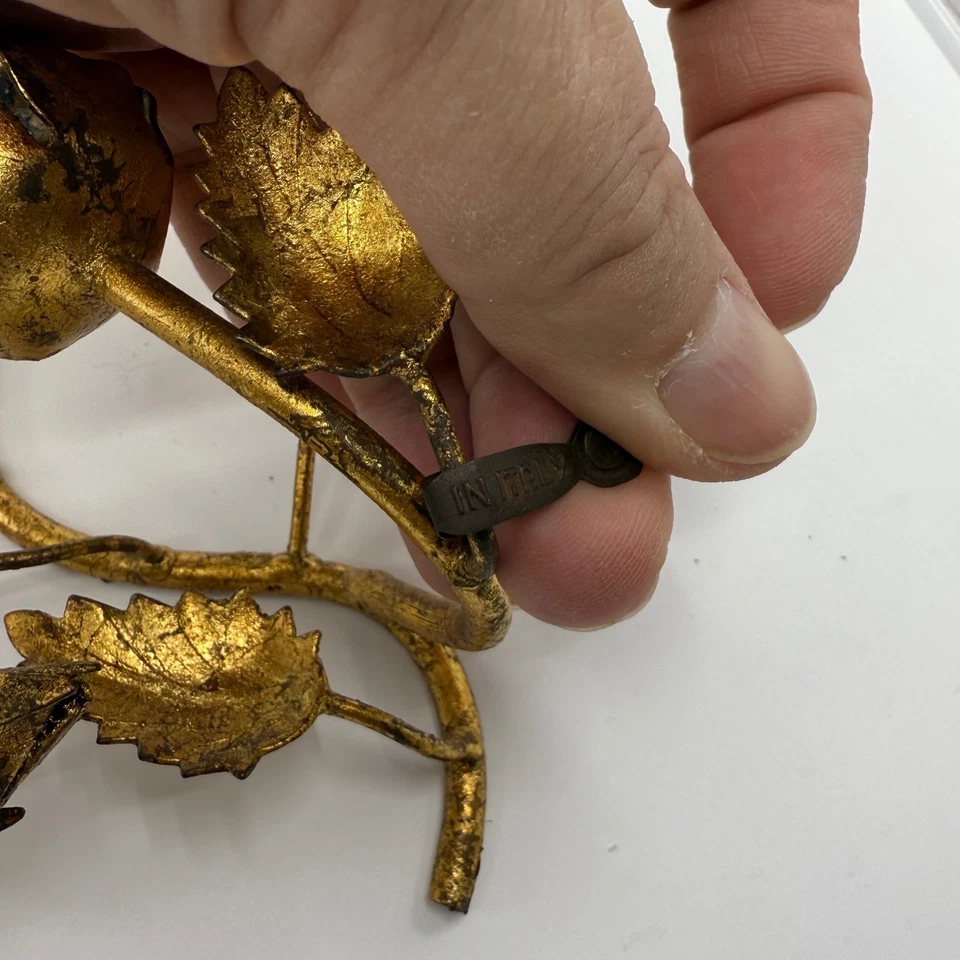 Vintage Italian Gilt Metal Rose Vine Wall Sconces Set of 2 Ornate Floral 9" - Image 2 of 4