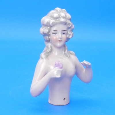 Vtg HALF DOLL PIN CUSHION Porcelain Figurine Bathing Beauty German HANDS AWAY