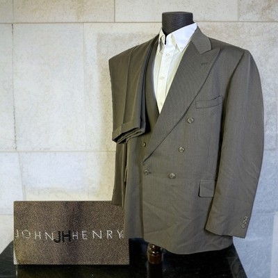 Vintage John Henry 2 Piece Suit Mens 48L 36x29 Olive Double Breasted
