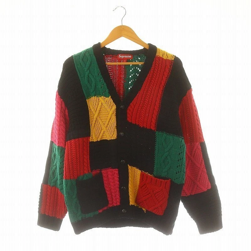 Cardigan Supreme 23AW patchwork tricot câble manches longues col V M multicolore DO