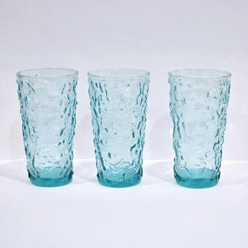 Vintage Anchor Hocking Lido Milano Aquamarine Drink Glasses Set of 3 5.5" Tall