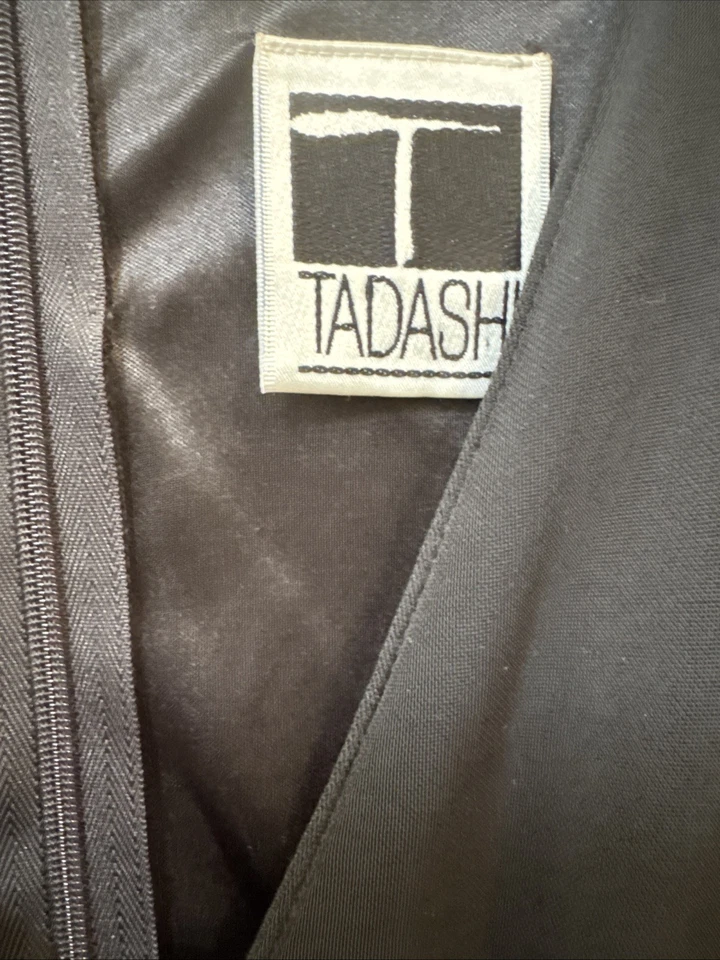 Vestido de Colección Tadashi Shoji Negro Satén Transparente Manga Larga Talla 14 Foto 3 de 4