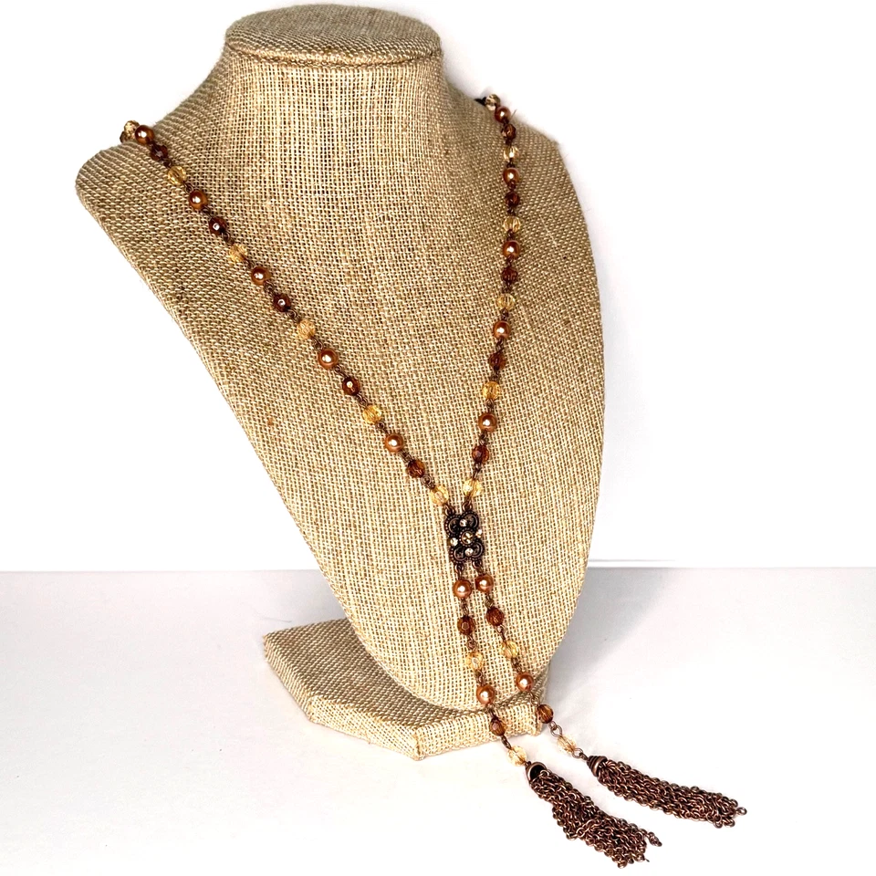 Collar estilo aleta 1928 borlas Lariat perlas de imitación cuentas de cristal tono dorado Foto 3 de 4