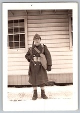 Vtg B W Snapshot WWII Soldier in Winter Overcoat With Rifle And Gear 1940s