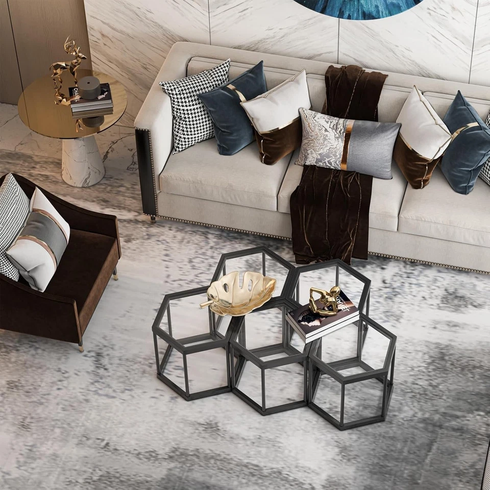 Modern Hexagon Glass Coffee Table Set of 3, Metal Frame Living Room - Image 4 of 4