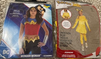 LOT Pikachu Halloween Costume Kids Medium 7-8 POKEMON CARDS + Wonder Woman Adult