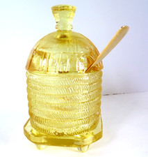 Olla de miel vintage LE Smith abeja colmena vidrio amarillo con cuchara dorada Martha Stewart