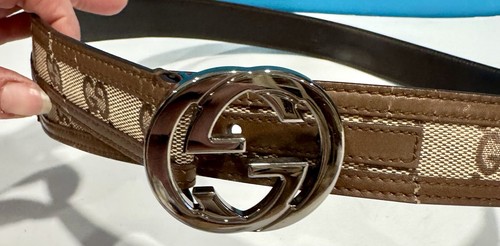Authentic GUCCI Brown Monogram Canvas Silver Interlocking G Buckle Belt 85/34