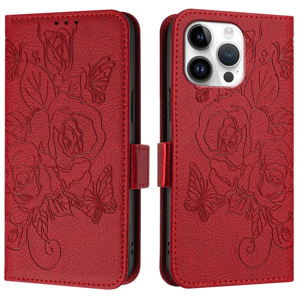 Leather Rose Wallet Phone Case For iPhone 11 12 13 14 15 Samsung S24 S23 A54 A14 - Image 2 of 4