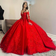 Red Quinceanera Dresses Ball Gown 3D Flower Applique Beads Pleat 15 Customized