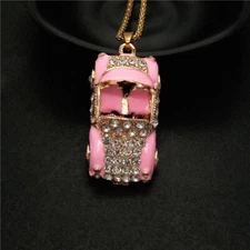 Fashion Women Shiny Crystal Pink Enamel Open Topped Car Pendant Chain Necklace