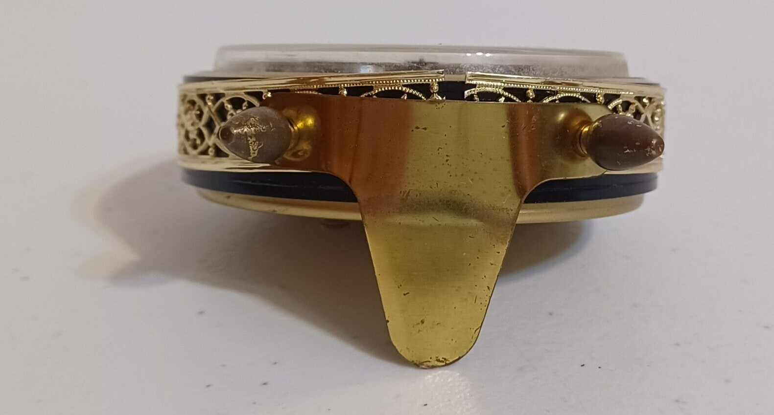 Vintage Bulova Wind Up Alarm Clock Gold Filigree Mother of Pearl Face Germany