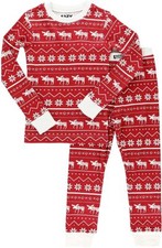 Lazy One Kids Red Nordic Moose Fair Isle Red Christmas Long John Pajamas Size 8