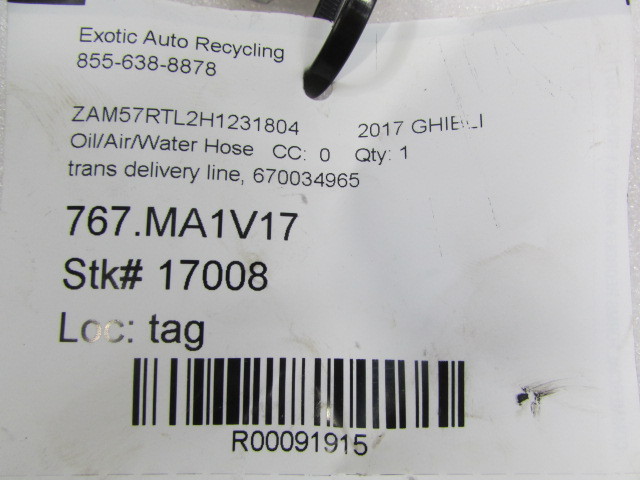 Maserati Ghibli, Transmission Oil Delivery Line, Used, P/N 670034965