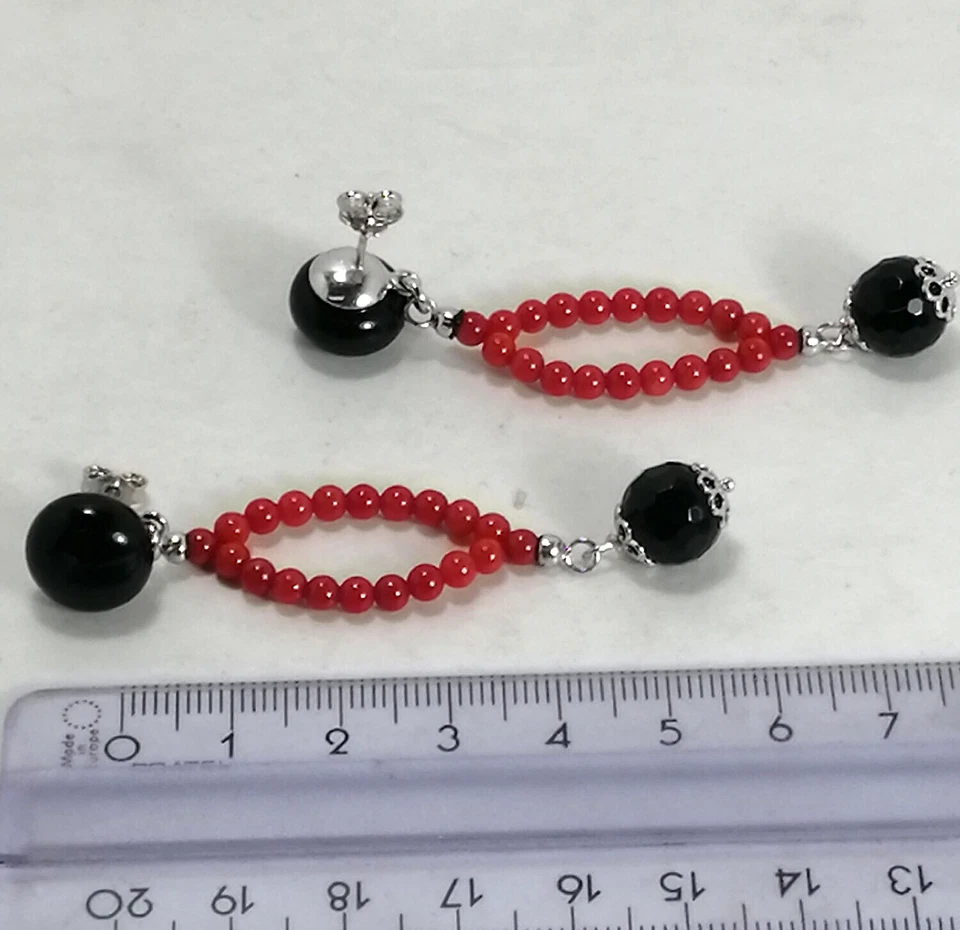 ORECCHINI ARGENTO 925 RODIATO  ONICE FACCETTATO E CORALLO ROSSO        AGHT 0923 - Immagine 3 di 3