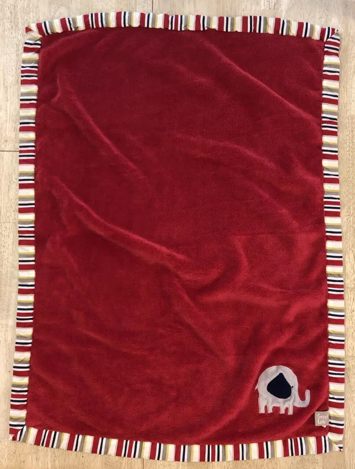 Trend Lab Baby Blanket Red Plush Grey Elephant Yellow Navy Stripe Lovey - Image 3 of 4