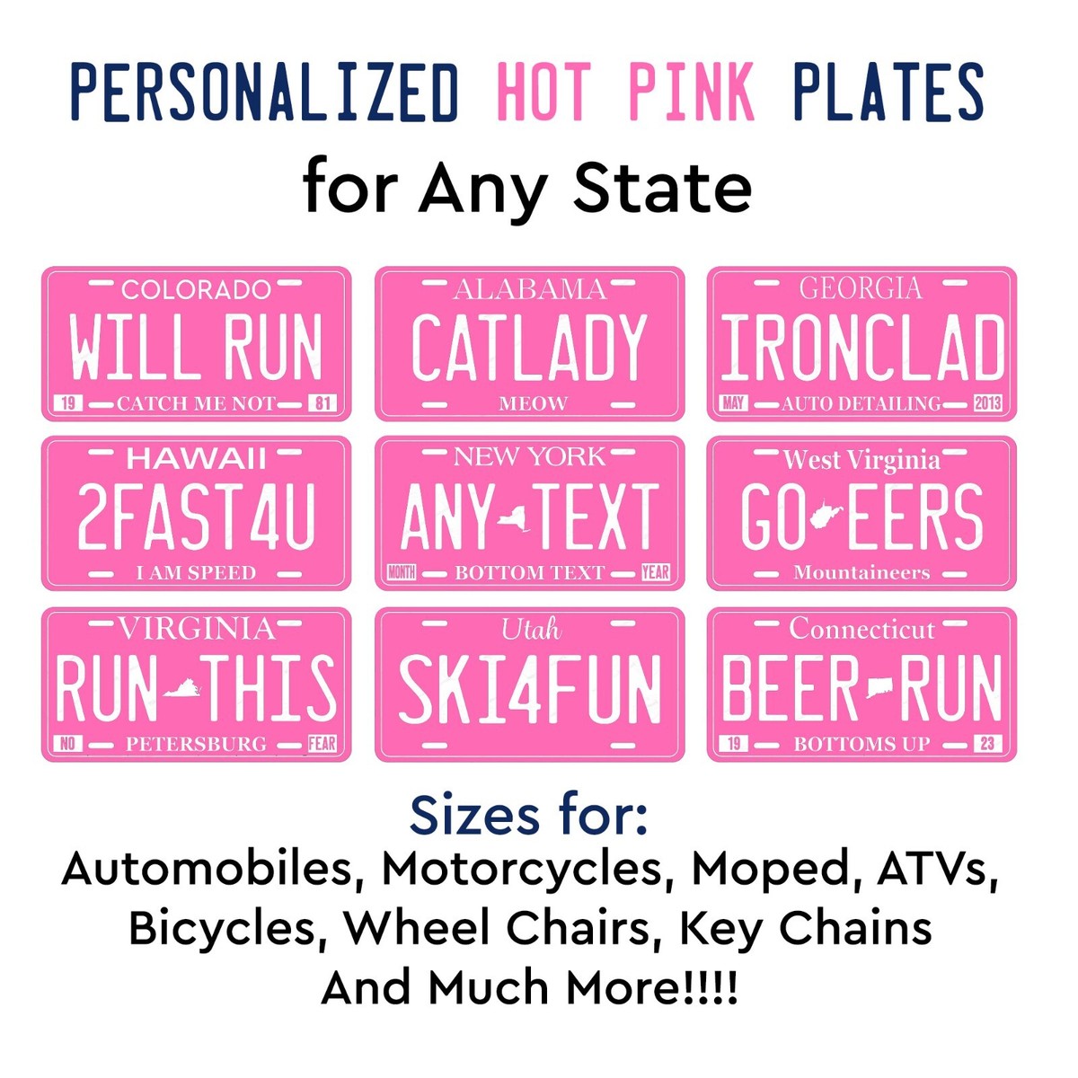 Any State Any Text Custom License Plate Hot Pink Tag for Auto Car