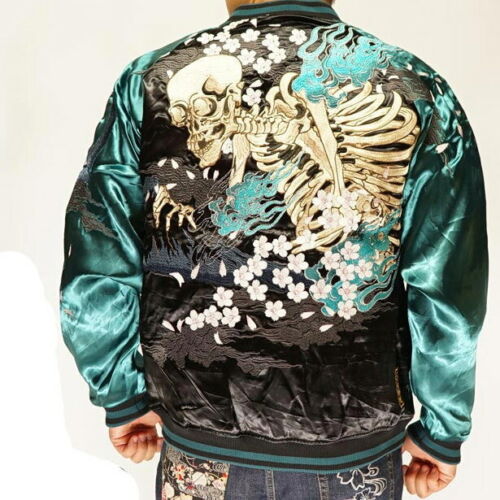 Souvenir Jacket Japanese Pattern Embroidery Sukajan Reversible Skull Skeleton - Picture 1 of 12