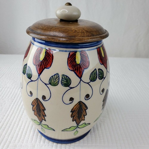 Pier 1 Hand Painted Floral Ceramic Glazed Canister Jar Wooden Lid Vintage India - 第 1/7 張圖片