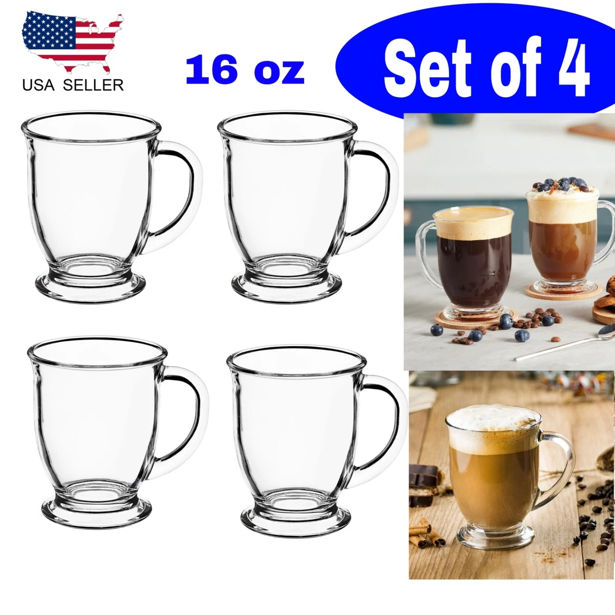 Set of 4 Clear Glass Café Mug Set 16 oz Coffee Cups with Handle Latte  Cappuccino