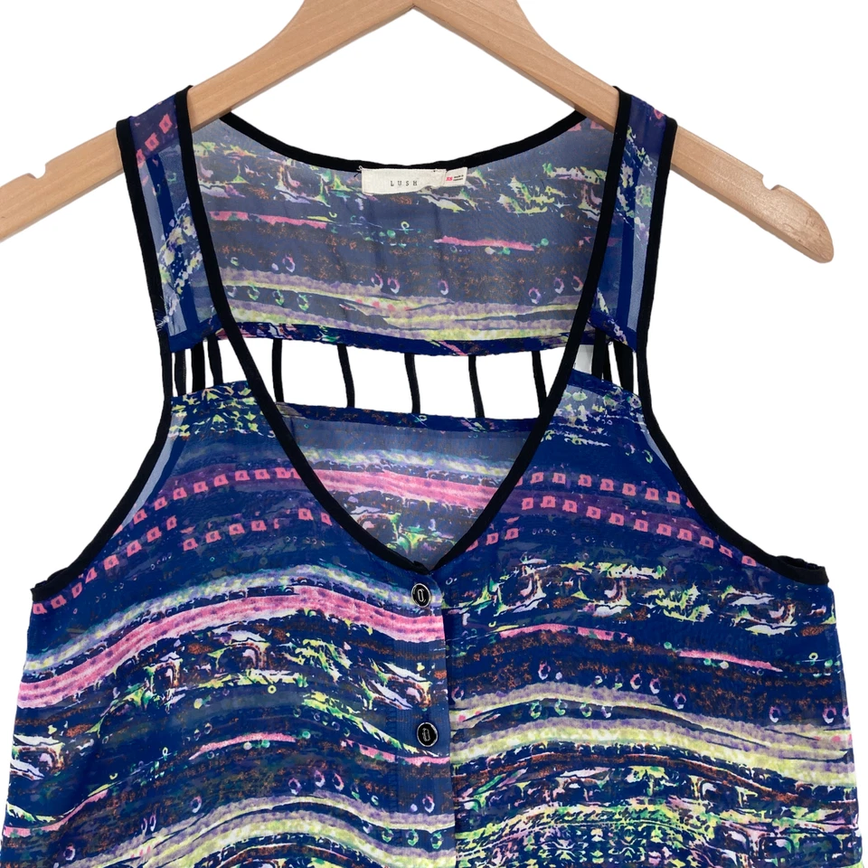Lush Tank Top Womens XS Multicolor Geo Print Knit Sleeveless V Neck Button Front - Image 4 of 4
