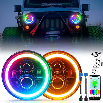 Pair 7'' Inch RGB LED Headlights Halo Angel Eyes For Jeep Wrangler JK LJ TJ CJ