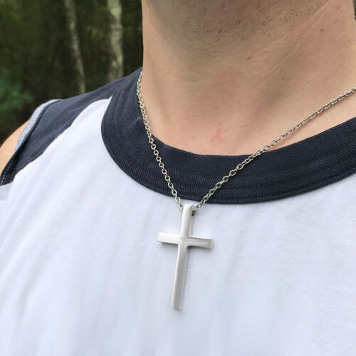 Large Mens Catholic Cross Pendant Necklace Stainless Steel 20" Chain - Picture 2 of 5