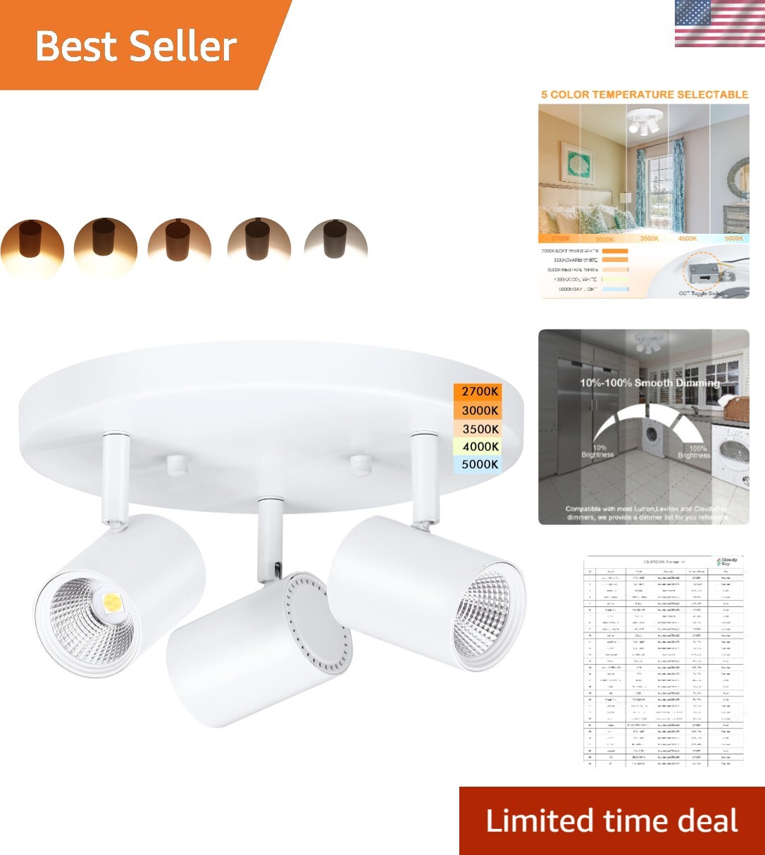 5CCT 3 Light Directional Ceiling Spotlight,Dimmable LED Track Light Heads,+,2...