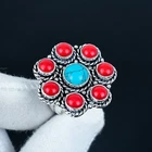 Turquoise, Red Coral 925 Sterling Silver Gemstone Flower Rings Handmade Jewelry