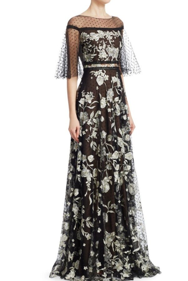 $1095 NEW Marchesa Notte Sheer Sleeve Gold Embroidered Gown Black Dress 2 6  8 12 | eBay